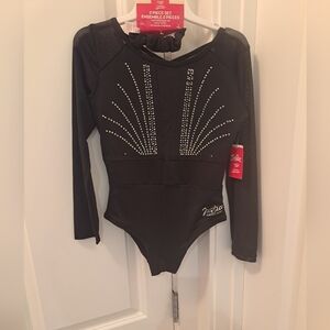 New Justice Girls Black Rhinestone Long Sleeve Mesh Dance/Gymnastics Leotard